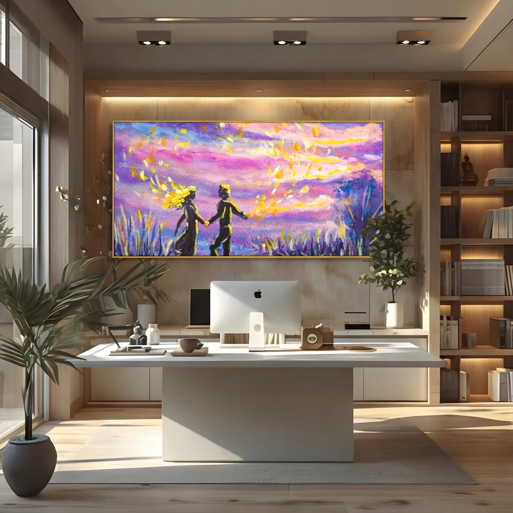 Tablou canvas cu tablou canvas cuplu sub cer lila, in rama de aluminiu auriu, pe perete intr-un birou